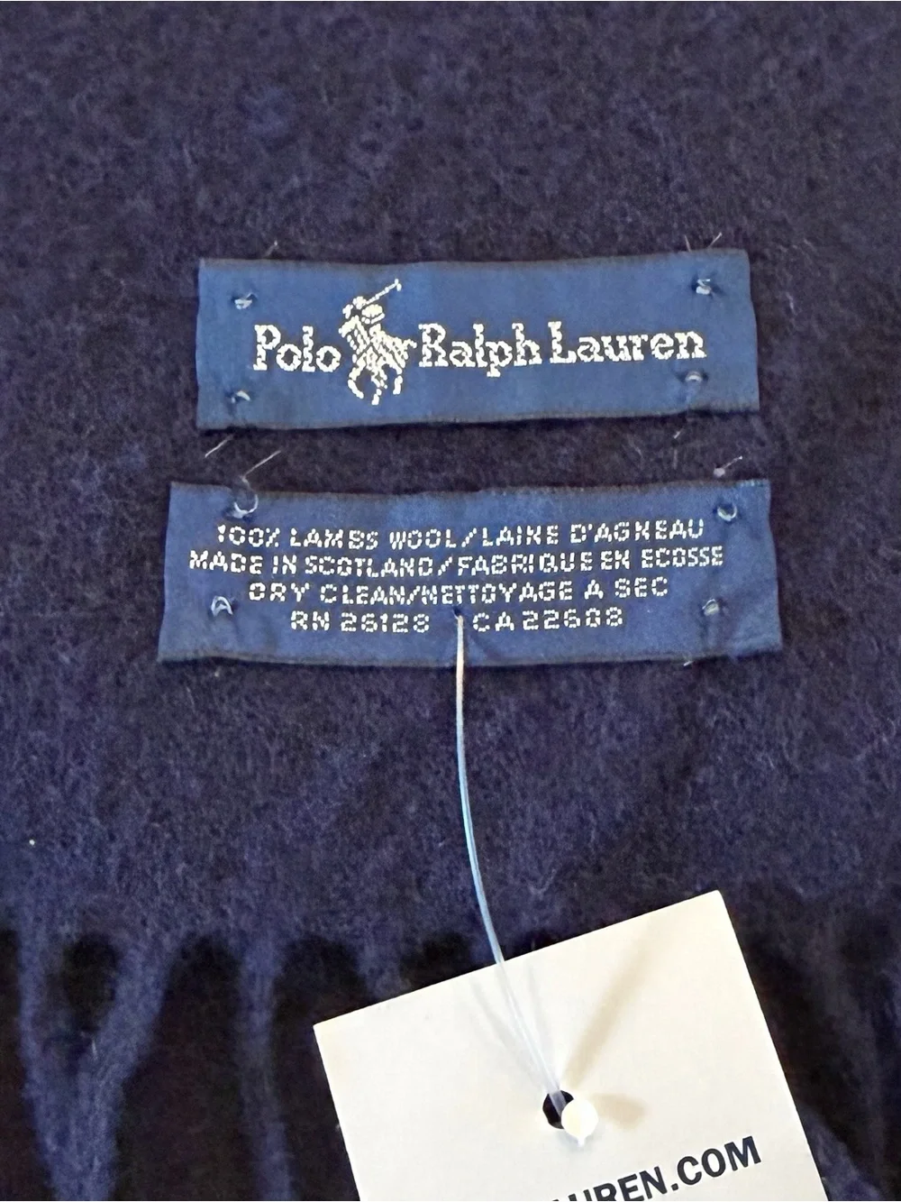Polo Ralph Lauren 100% Lambswool Scarf Navy Made in Scotland Fringe NWT